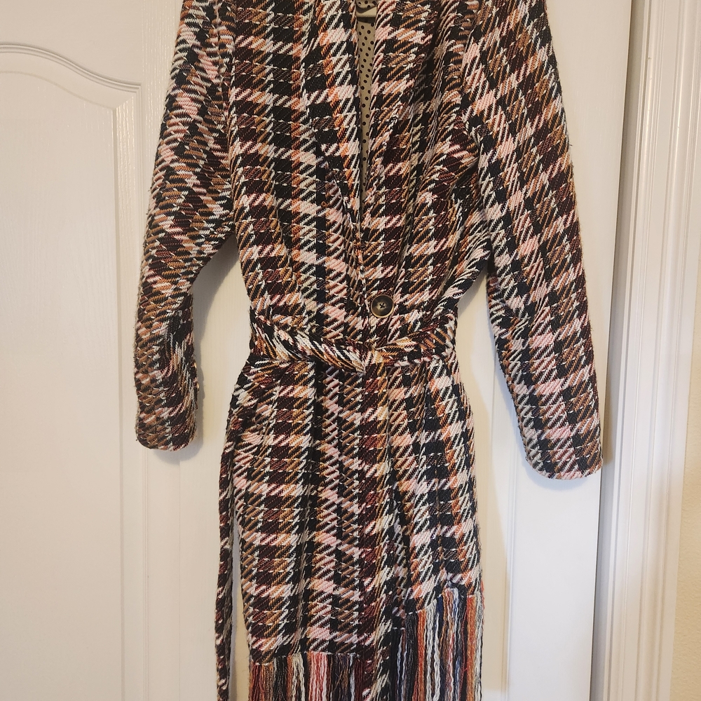 CAbi Checkered Tweed Belted Trench Coat